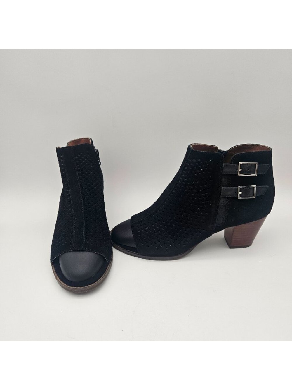 Vionic Chryssa Black Suede Peep Toe Ankle Boot Booties Womens Sz 9.5 NEW